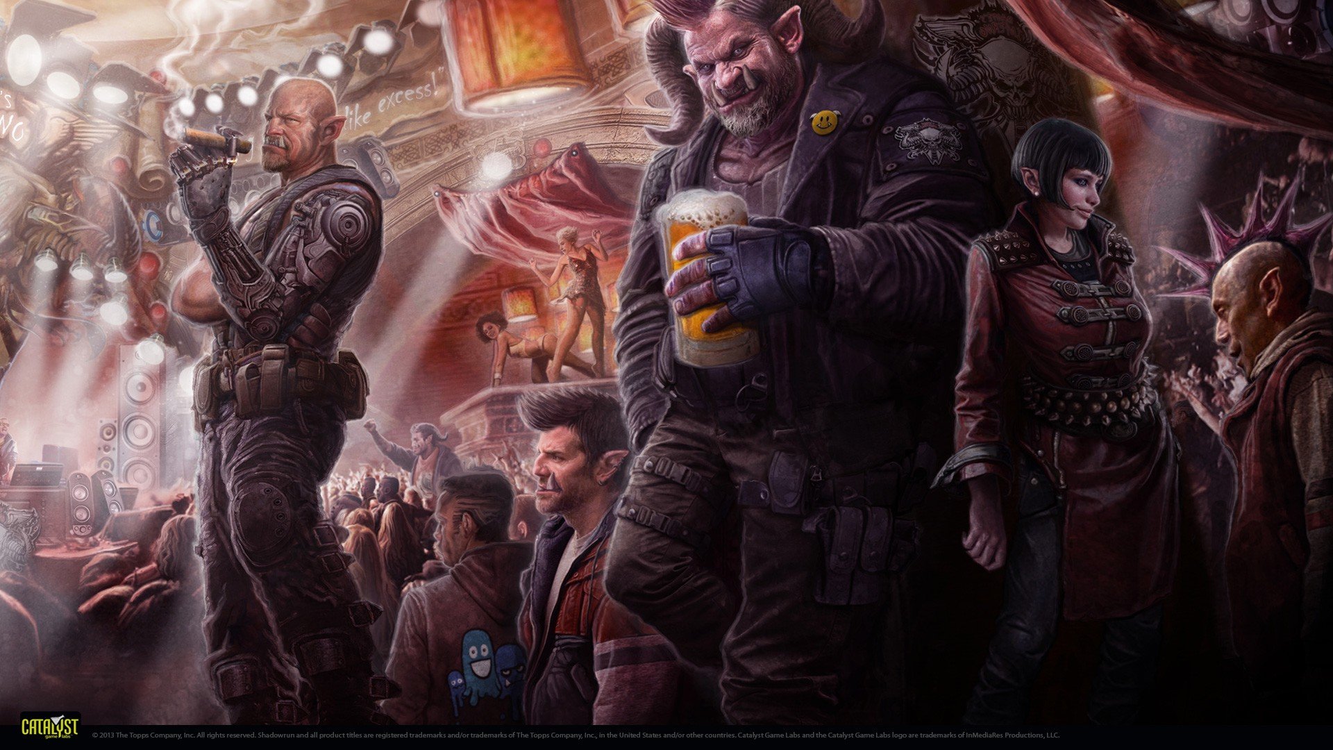 Shadowrun crew of orks, elves, and a troll in a crowded sprawl nightclub